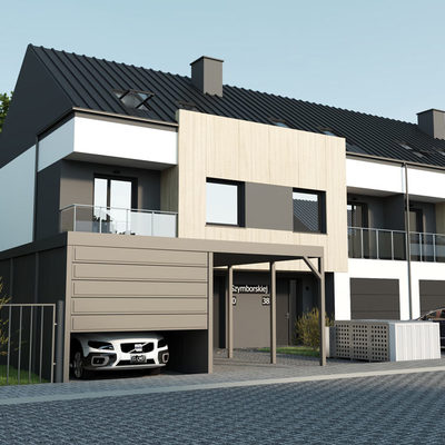 Segment zewnętrzny. Przykładowa wizualizacja wiaty.
Nabywca może we własnym zakresie postawić wiatę garażową.
