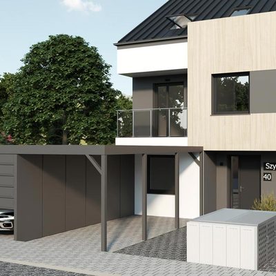 Segment zewnętrzny. Przykładowa wizualizacja wiaty.
Nabywca może we własnym zakresie postawić wiatę garażową.