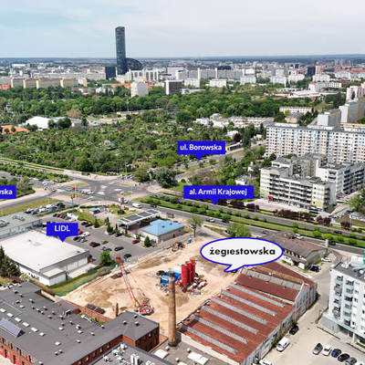 Zdjęcia z lotu ptaka, widoczne skrzyżowanie ulic: Borowskiej i Al. Armii Krajowej